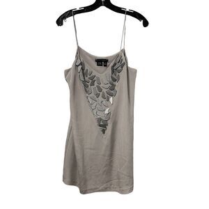 SHERI BODELL Silk Slip Mini Dress Beaded Embellished Spaghetti Strap‎ M Taupe